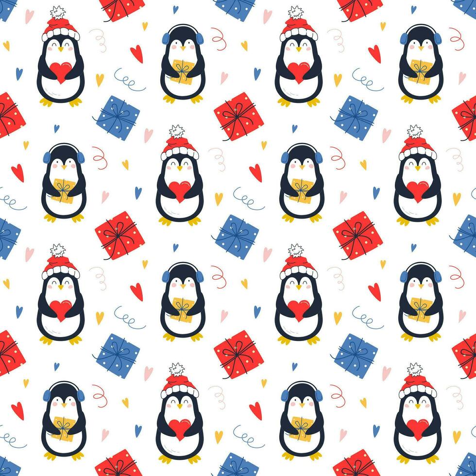 Muster mit süß Pinguine. festlich Vektor Muster auf ein Weiß Hintergrund. zum Textil, Papier, Scrapbooking.