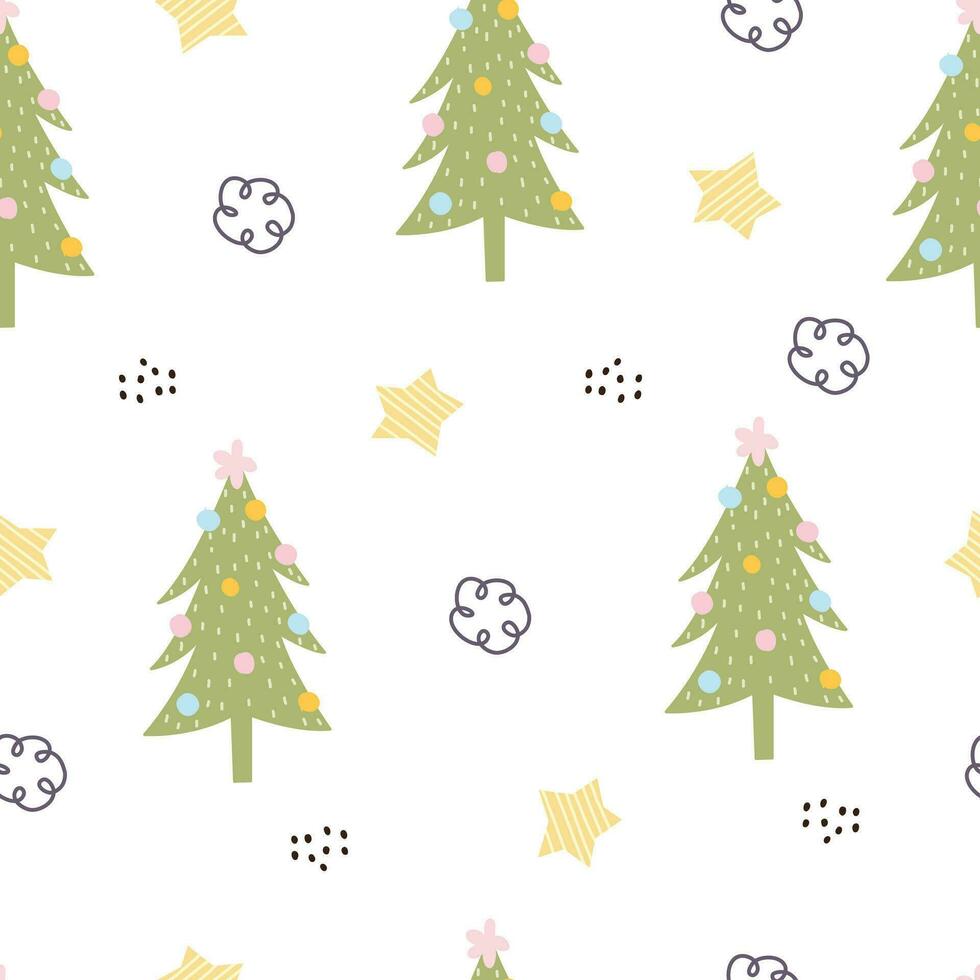 Weihnachten Baum und Sterne nahtlos Muster auf das Weiß Hintergrund Hand -gezeichnet Designs im Karikatur Stil benutzt zum Textilien, Drucke, Mode, Hintergrund, Vektor Illustration