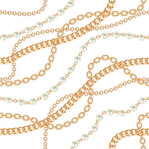 Seamless mönster bakgrund med päron och kedjor guld metallisk halsband. På vitt. Vektor illustration