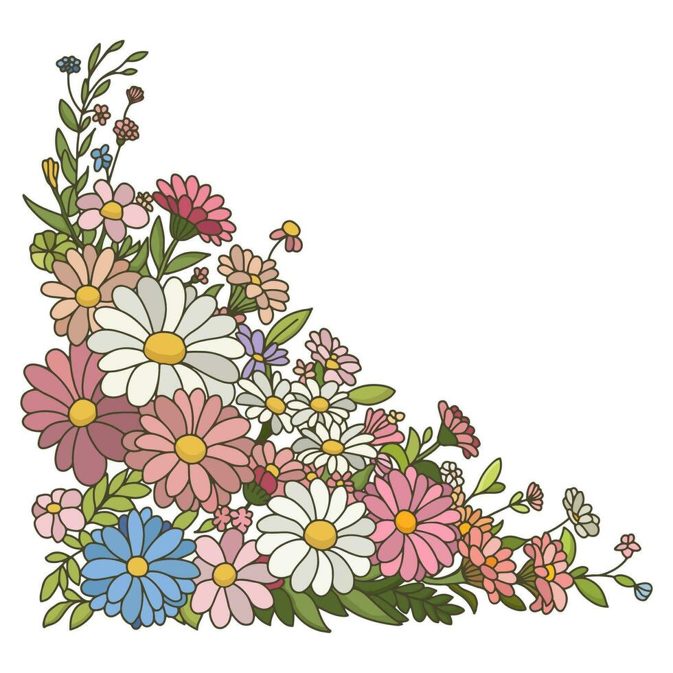 hörn av knippa av blommor med kopia Plats. gräns ram. tecknad serie stil. vektor illustration.