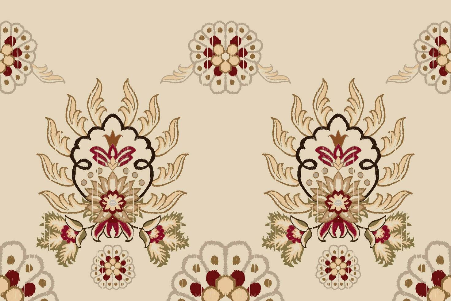 Ikat Blumen- Paisley Stickerei auf bräunen Beige hintergrund.ikat ethnisch orientalisch Muster traditionell.aztekisch Stil abstrakt Vektor illustration.design zum textur, stoff, kleidung, verpackung, dekoration, schal.