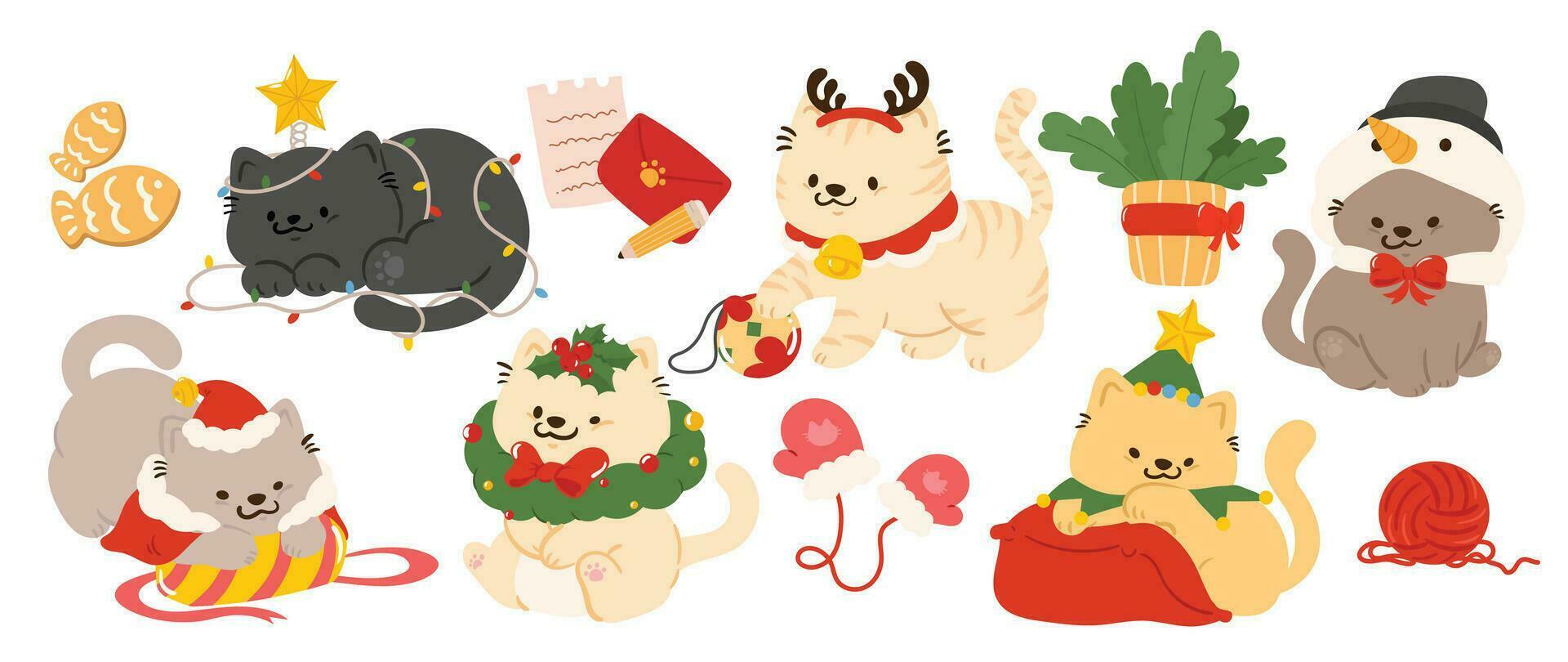 glad jul och Lycklig ny år begrepp bakgrund vektor. samling teckning av söt katter med dekorativ scarf, band, hatt. design lämplig för baner, inbjudan, kort, hälsning, baner, omslag. vektor