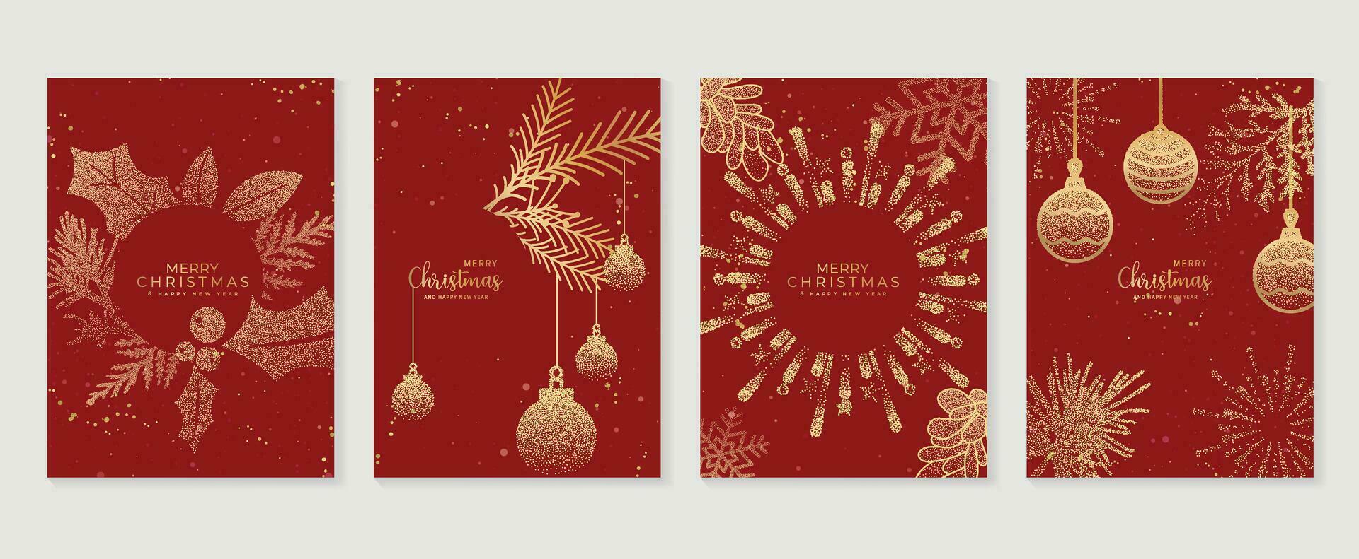 elegant Weihnachten Einladung Karte Kunst Deko Design Vektor. Luxus Weihnachten Flitter Ball, Schneeflocke, Feuerwerk, Laub Stelle Textur auf rot Hintergrund. Design Illustration zum Abdeckung, Poster, Hintergrund. vektor