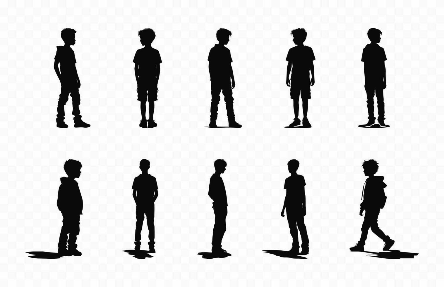 Junge Silhouetten Vektor bündeln, einstellen von Teenager Junge Silhouette im anders posiert