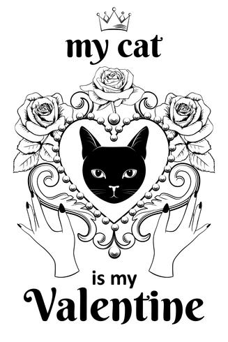 Valentinstag Karte Konzept. Facein dekoratives Weinleseherz der schwarzen Katze formte Rahmen mit den Händen und Text. vektor