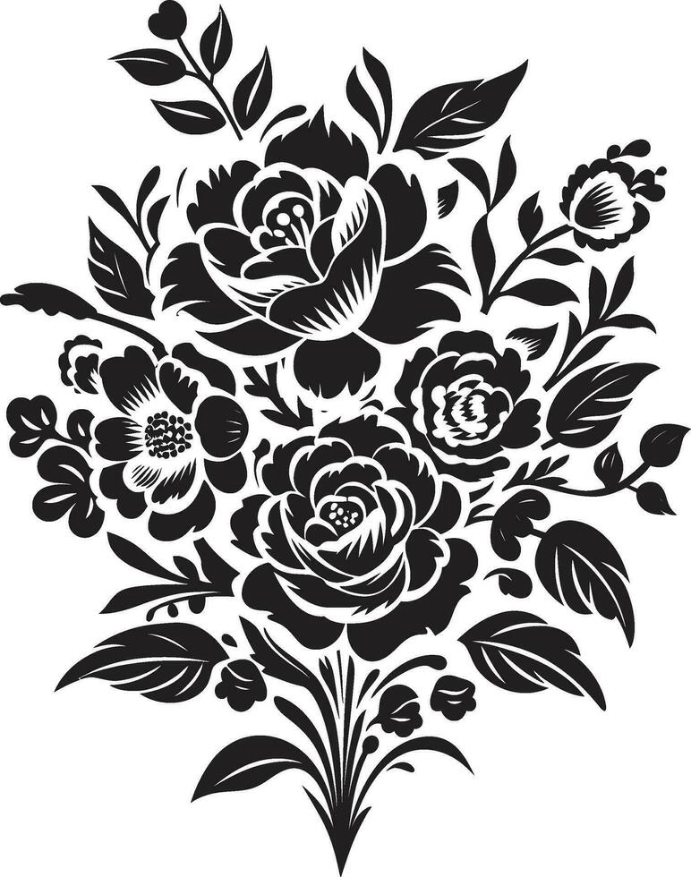 årgång blomma medley svart vektor bukett strålnings kronblad ensemble dekorativ svart emblem