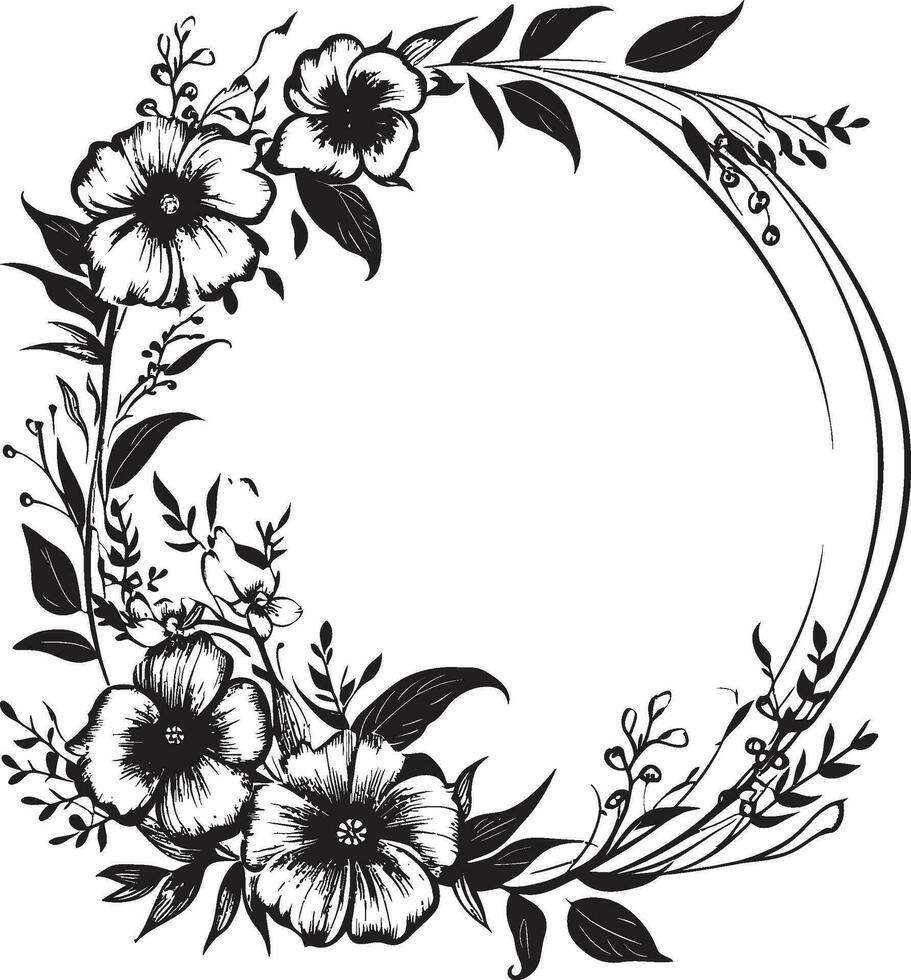 ätherisch blühen Grenze schwarz Rahmen Logo zeitlos Blumen- umgeben dekorativ schwarz Emblem vektor