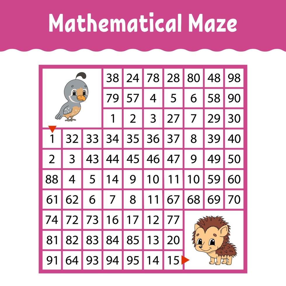 mathematisches farbiges quadratisches Labyrinth. Arbeitsblatt zur Bildungsentwicklung. Spiel für Kinder. Puzzle für Kinder. das Studium der Zahlen. Labyrinth Rätsel. flache Vektorillustration isoliert auf weißem Hintergrund vektor