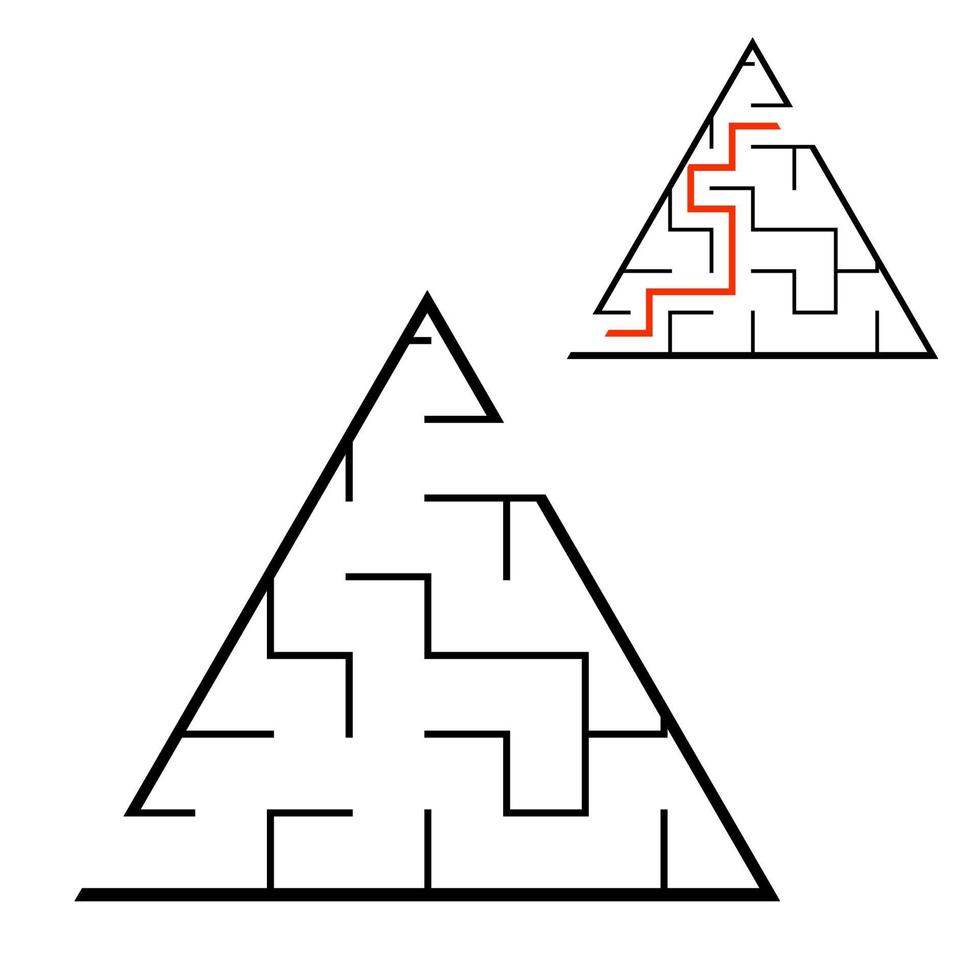 schwarzes dreieckiges Labyrinth. Spiel für Kinder. Puzzle für Kinder. Labyrinth Rätsel. flache Vektorillustration lokalisiert auf weißem Hintergrund. mit Antwort. mit Platz für Ihr Bild. vektor