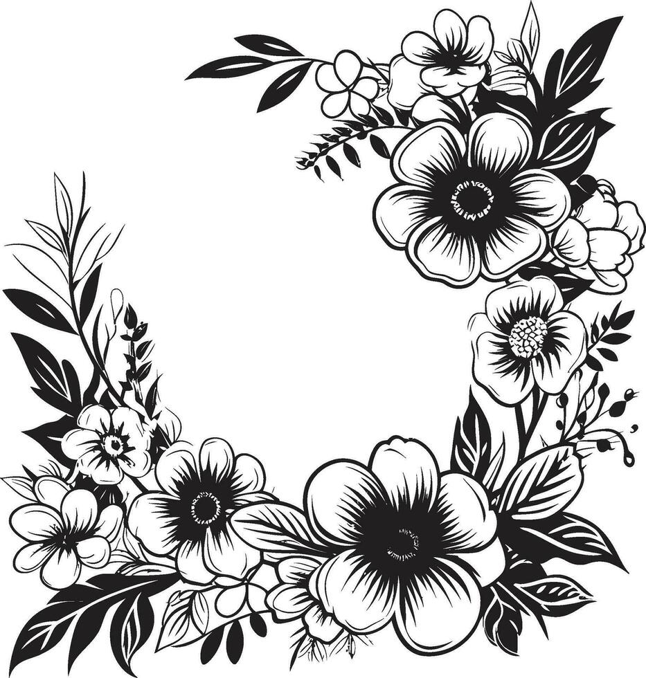 Jahrgang blühen Gehege dekorativ schwarz Logo strahlend Blütenblatt umgeben schwarz Blumen- Emblem vektor