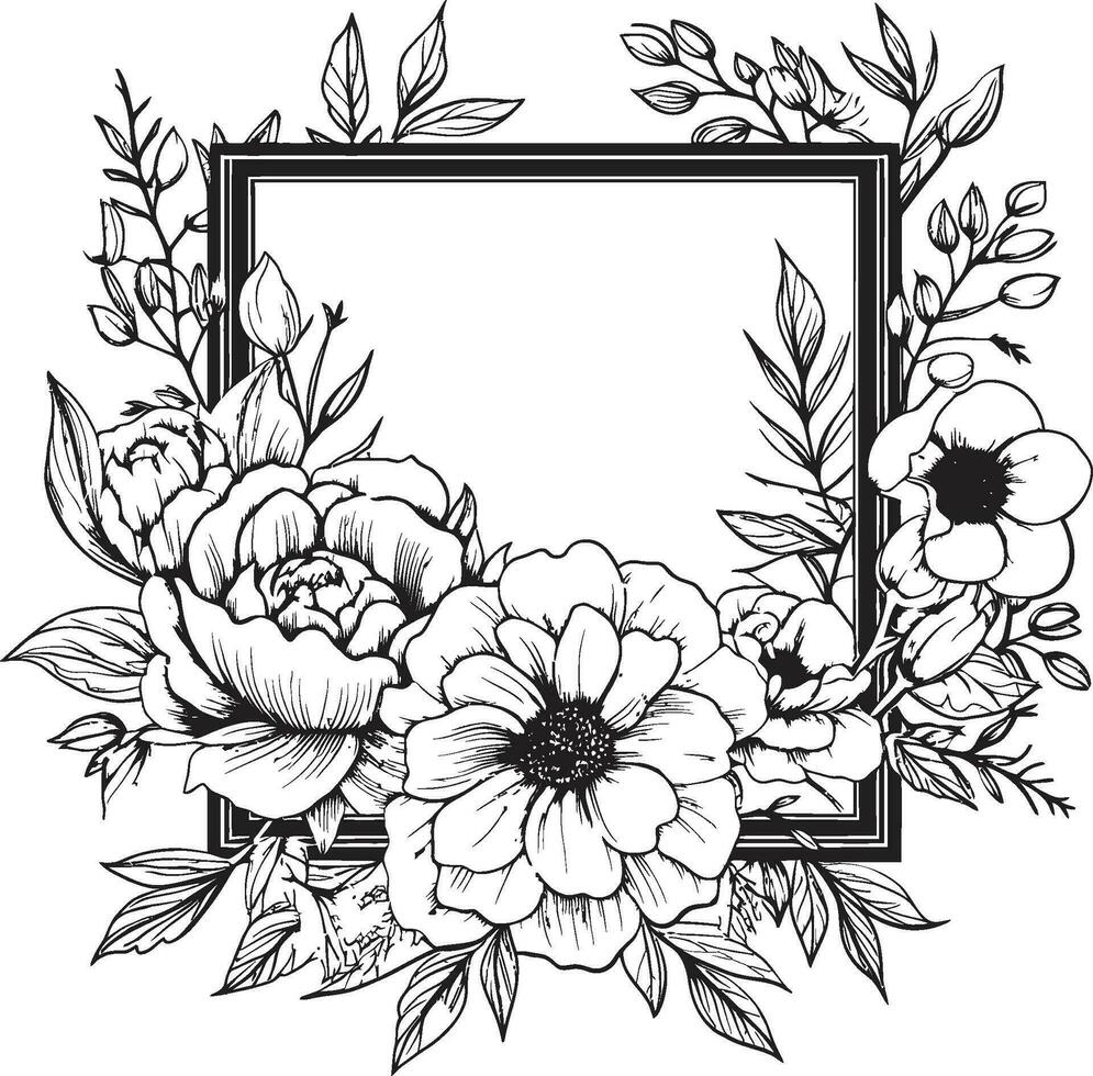 Blumen- Eleganz aufwendig Rahmen Logo im schwarz schick Blüten Vektor Logo mit dekorativ Rahmen