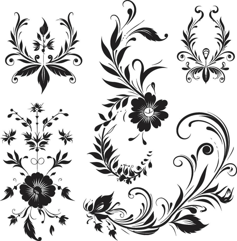 zart Hand gerendert Blütenblätter elegant Logo Detail charmant Blumen- Radierungen schwarz Vektor Symbol