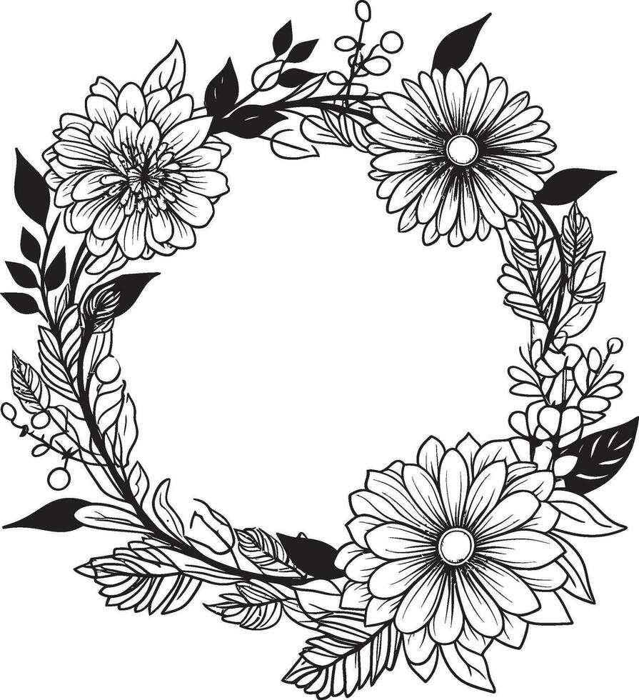 schick Blumen- Union schwarz Vektor Emblem Design sauber Blütenblatt Kranz Hand gezeichnet Hochzeit ikonisch