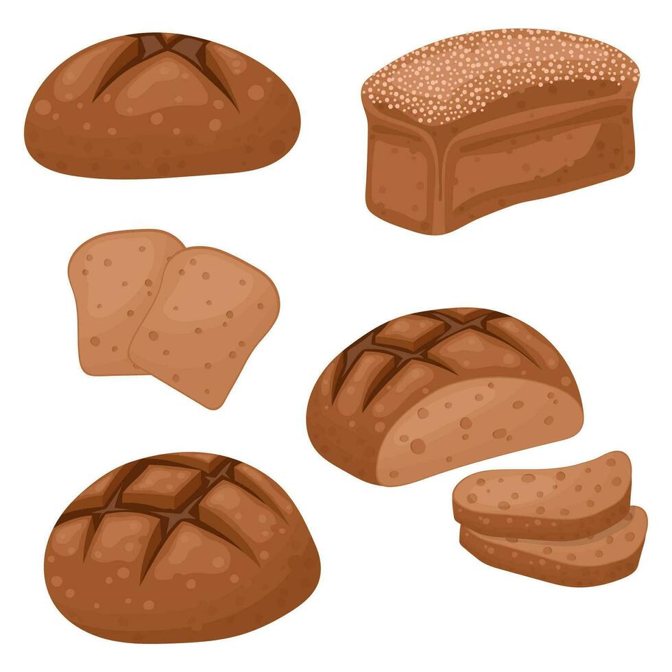 ein einstellen von Roggen brot, ein Bäckerei Symbol, geschnitten frisch Roggen Brot. Vektor isoliert auf ein Weiß Hintergrund.