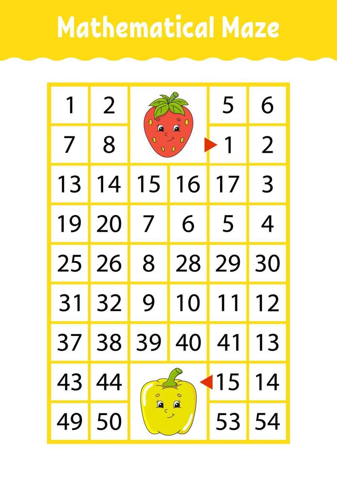 matematik labyrint. spel för barn. rolig labyrint. utbildning som utvecklar arbetsblad. aktivitetssida. pussel för barn. söt tecknad stil. gåta för förskolan. logisk gåta. färg vektor illustration.