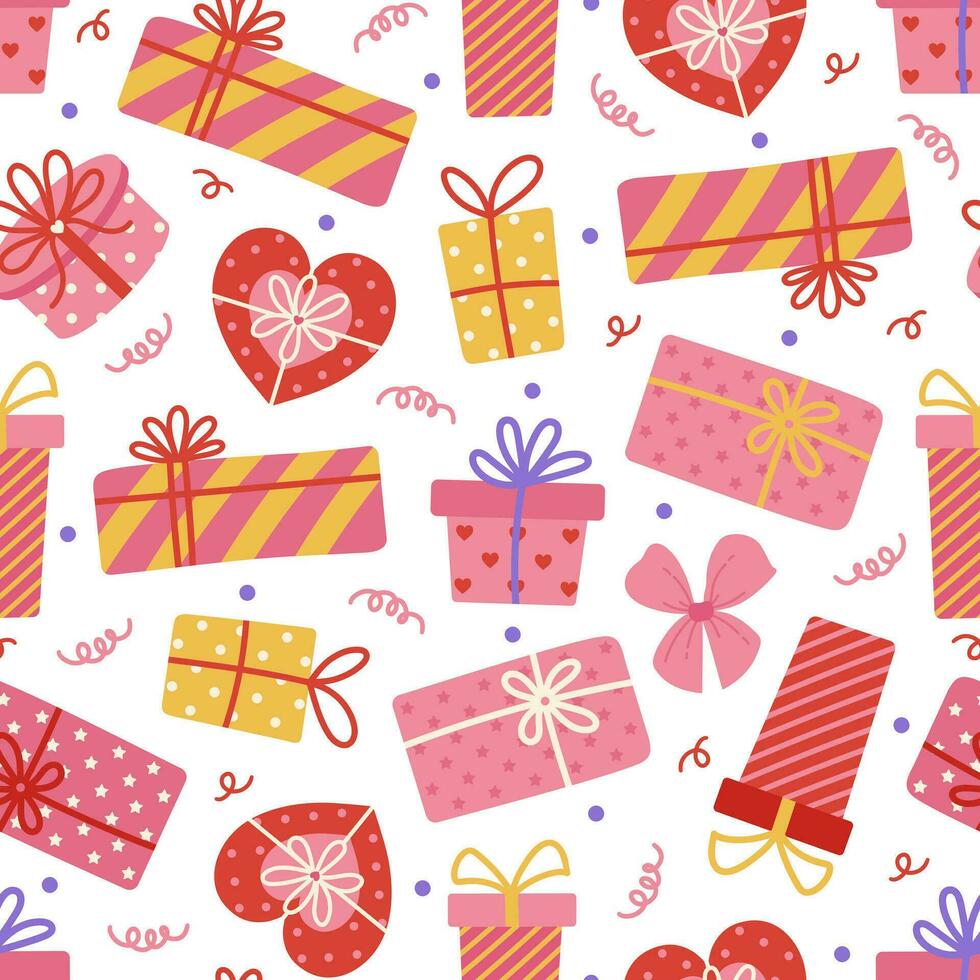 gåva lådor sömlös vektor mönster. färgrik presenterar med band, rosett. behållare packade i omslag papper med hjärtan, Ränder, polka prickar. romantisk överraskning för valentines dag. tecknad serie bakgrund