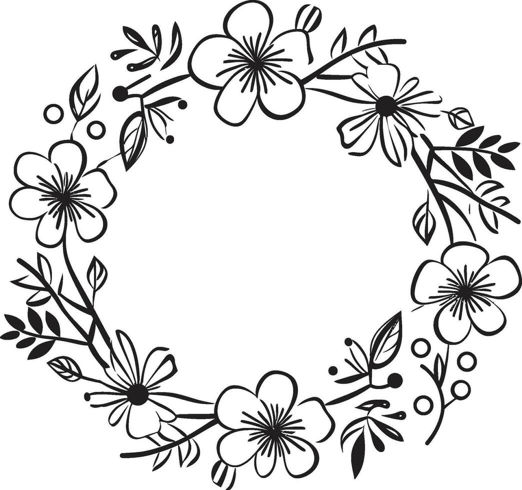 künstlerisch Blütenblatt wirbeln Hochzeit schwarz Symbol minimalistisch Kranz skizzieren schwarz Blumen- Emblem vektor