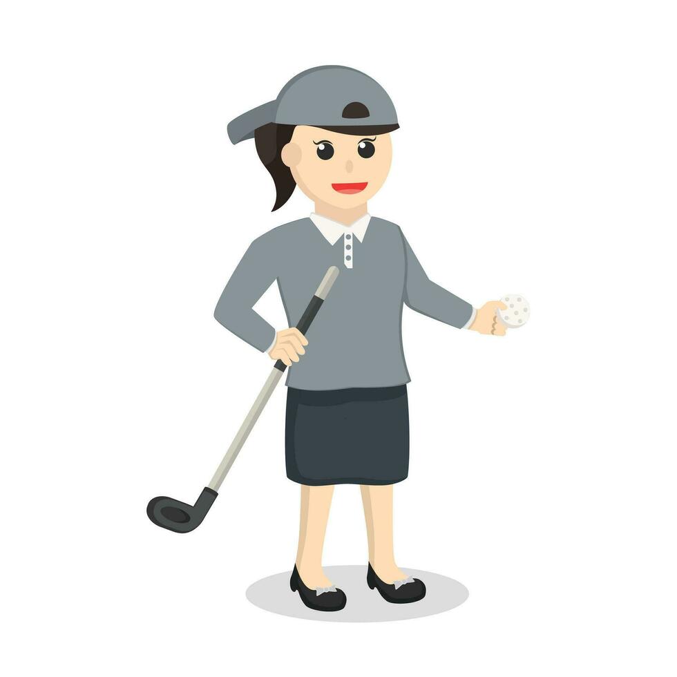 Golfspieler Frau mit Golf Stock und Ball Design Charakter auf Weiß Hintergrund vektor
