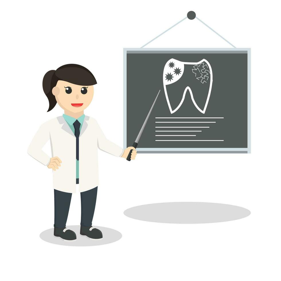 Zahnarzt Frau geben Präsentation Design Charakter auf Weiß Hintergrund vektor