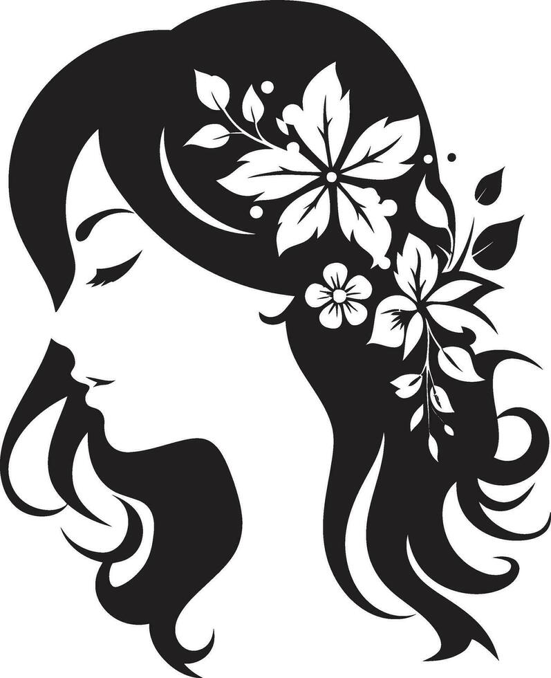 graciös blommig silhuett svart ansikte emblem chic blooms persona kvinna vektor design