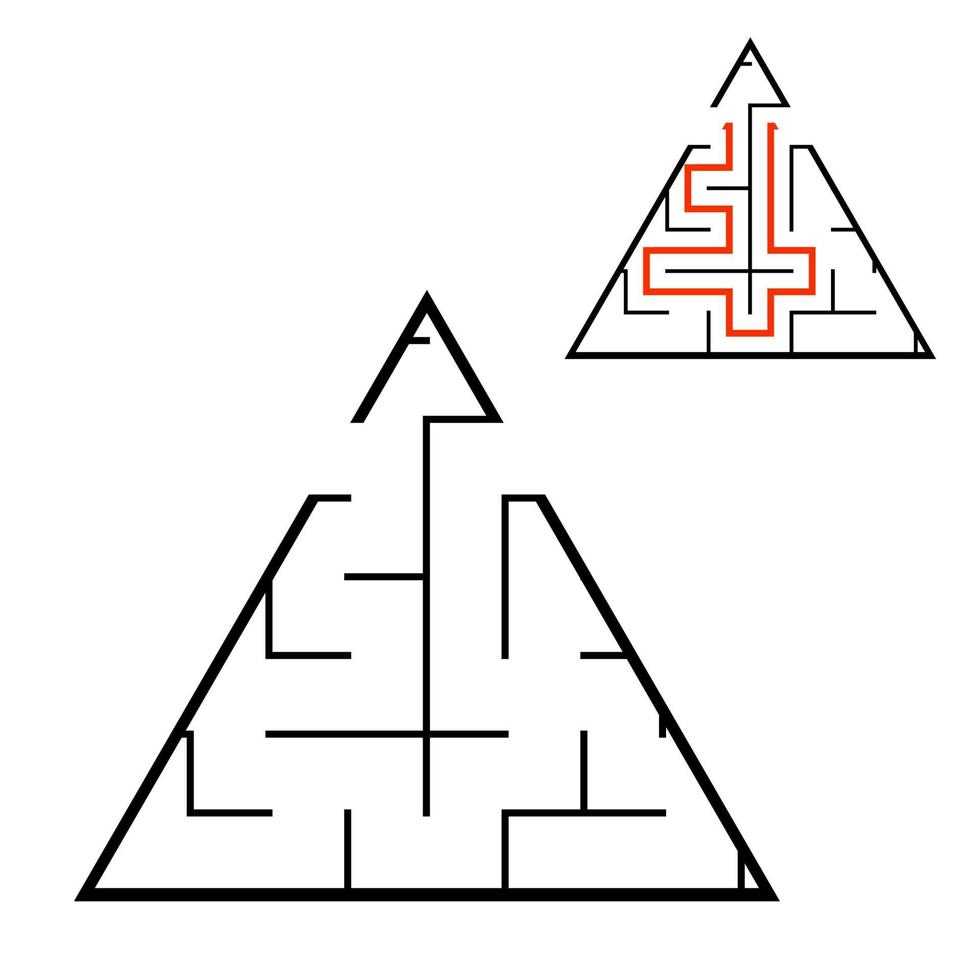 svart triangulär labyrint. spel för barn. pussel för barn. labyrint gåta. platt vektor illustration isolerad på vit bakgrund. med svar. med plats för din bild.