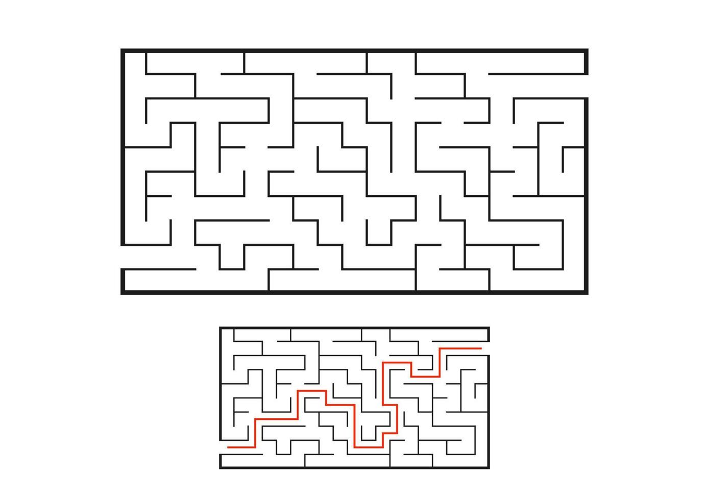 schwarzes rechteckiges Labyrinth. Spiel für Kinder. Puzzle für Kinder. Labyrinth Rätsel. flache Vektorillustration lokalisiert auf weißem Hintergrund. mit der Antwort. vektor