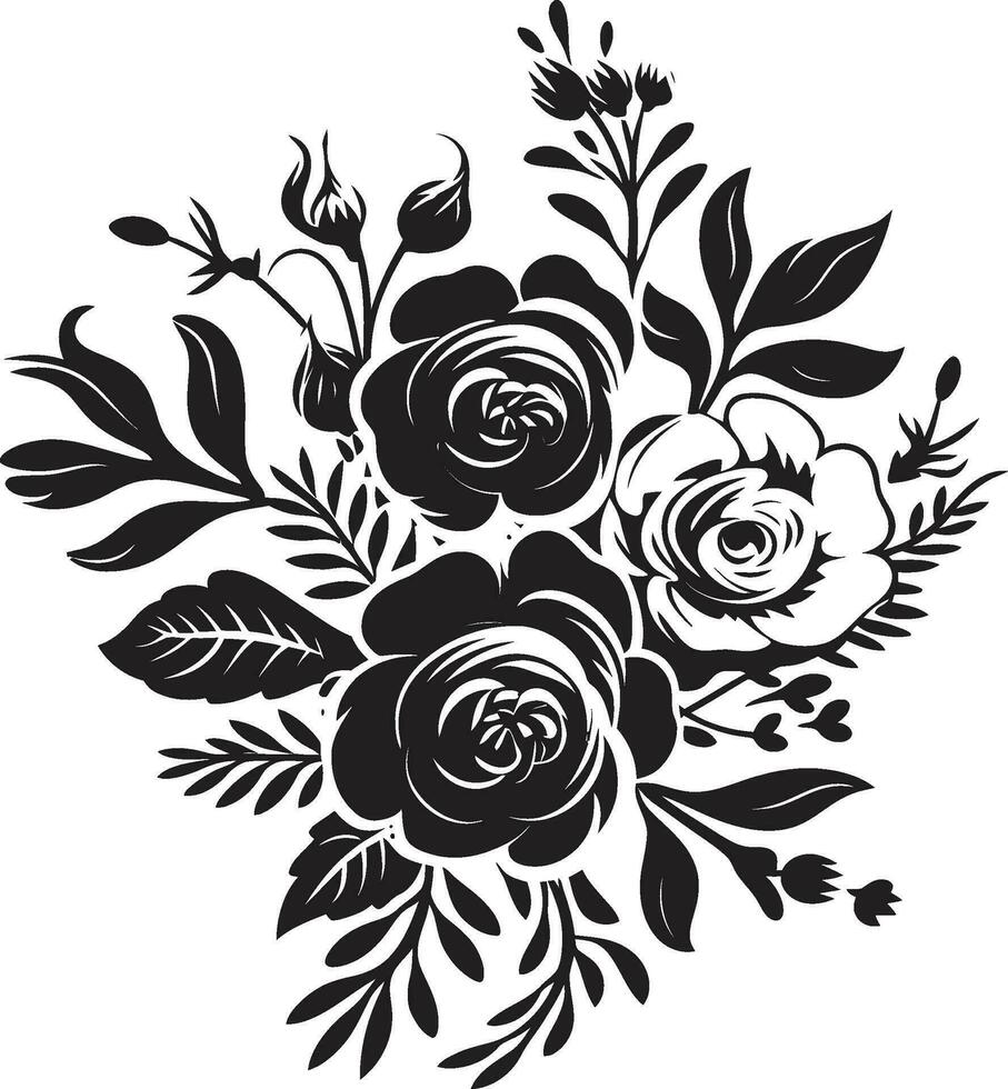 strahlend Blütenblatt Medley dekorativ schwarz Emblem botanisch Strauß Ensemble schwarz Blumen- Logo vektor