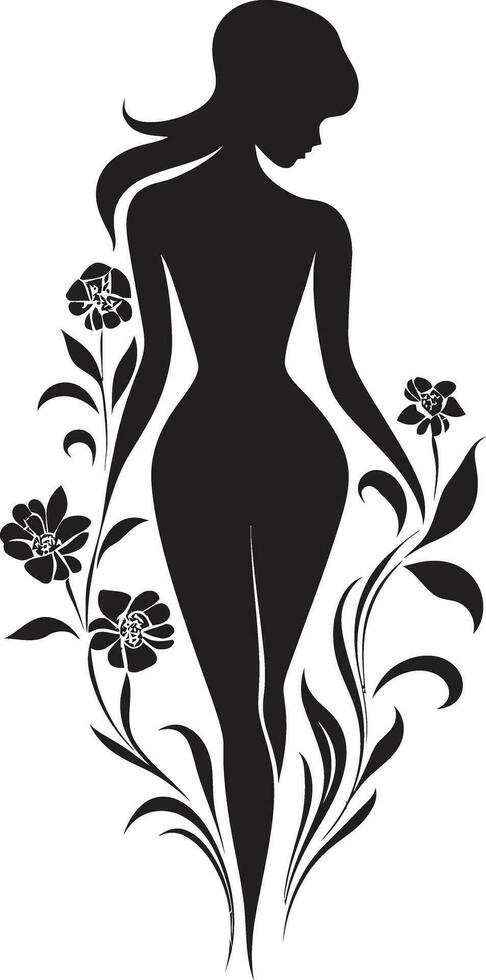 elegant botanisch Ensemble Vektor Frau Symbol anmutig voll Körper Blumen schwarz Emblem Design