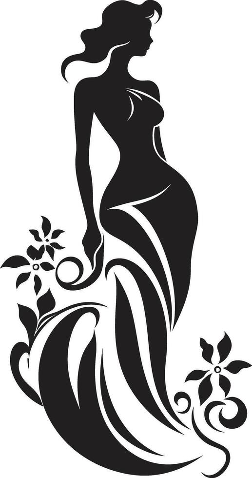 modern blühte Persona schwarz Frau Emblem im voll blühen künstlerisch Blumen- Kleidung elegant Vektor Frau blühen Symbol