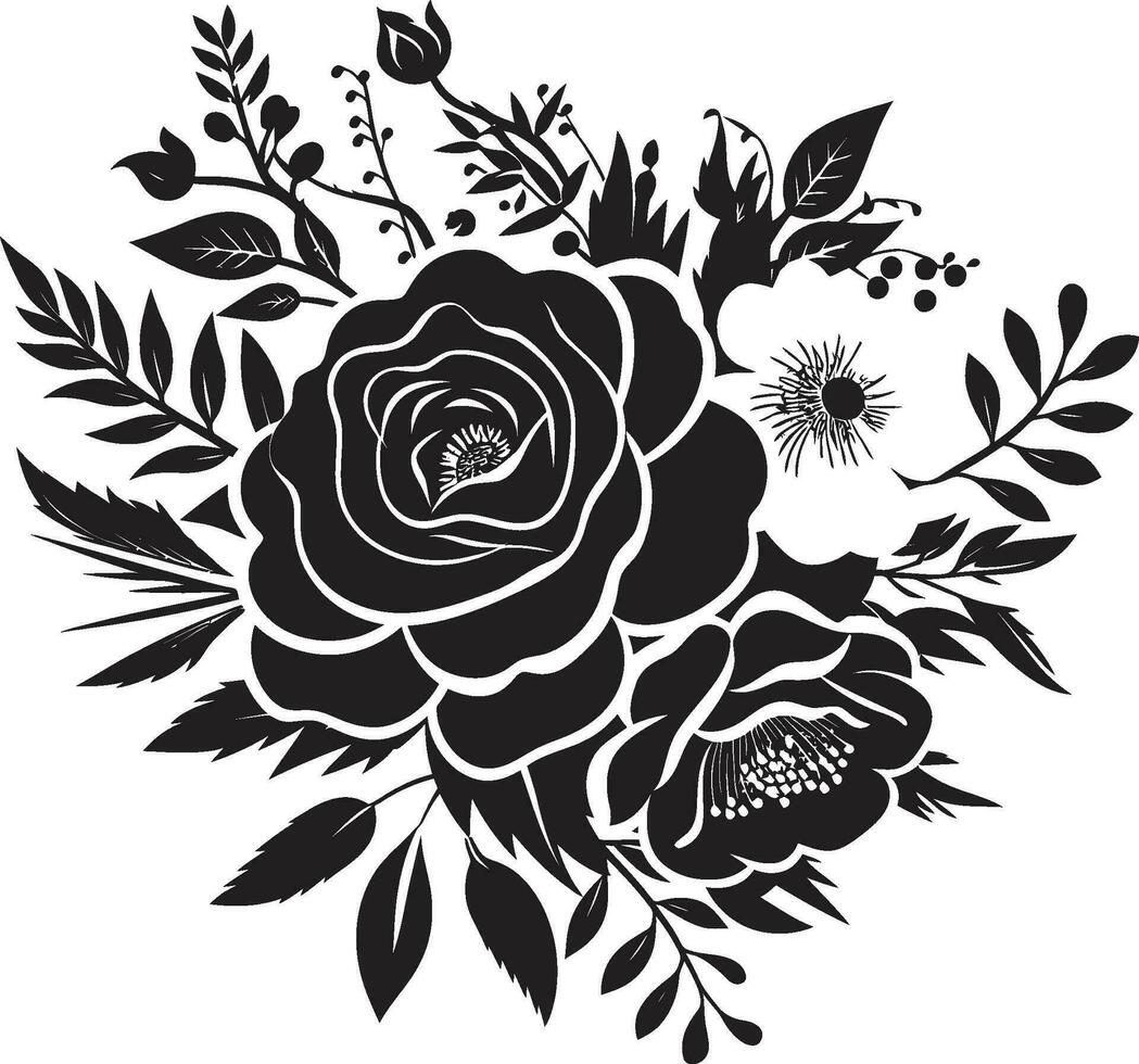 Flüstern blühen Versammlung dekorativ schwarz Logo Regal Blumen- Medley schwarz Strauß Emblem Design vektor