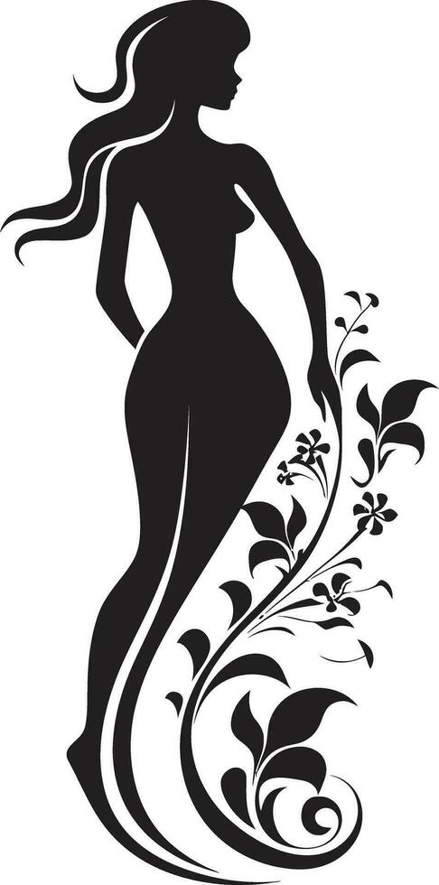 rena blommig couture svart hand dragen kvinna i blomma nyckfull kronblad strålglans vektor kvinna i blommig prakt