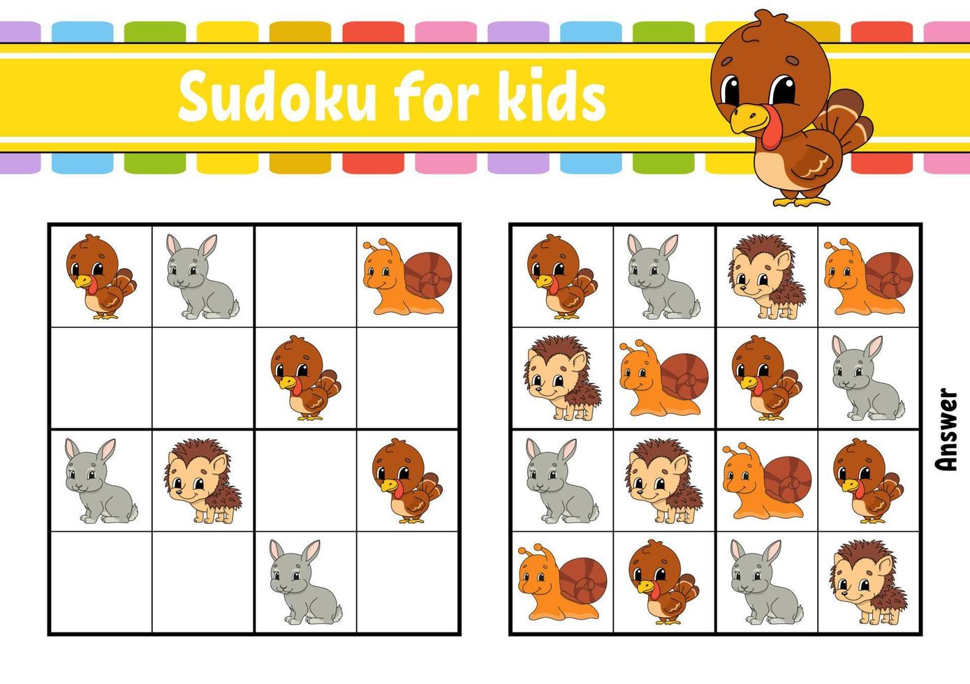 Sudoku für Kinder. Arbeitsblatt zur Bildungsentwicklung. Aktivitätsseite mit Bildern. Puzzle-Spiel für Kinder und Kleinkinder. logisches Denken trainieren. isolierte Vektor-Illustration. Cartoon-Stil. vektor