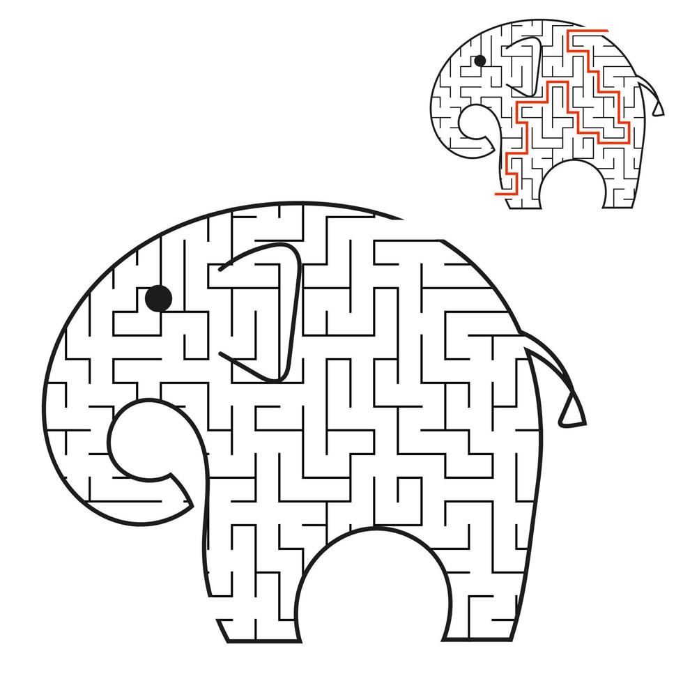 svart labyrint toon elefant. barnens arbetsblad. aktivitetssida. spelpussel för barn. vilt djur. labyrint gåta. vektor illustration. med svaret.