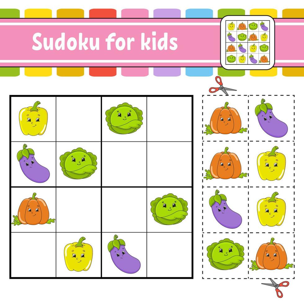 Sudoku für Kinder. Arbeitsblatt zur Bildungsentwicklung. Aktivitätsseite mit Bildern. Puzzle-Spiel für Kinder. logisches Denken trainieren. isolierte Vektor-Illustration. lustiger Charakter. Cartoon-Stil. vektor