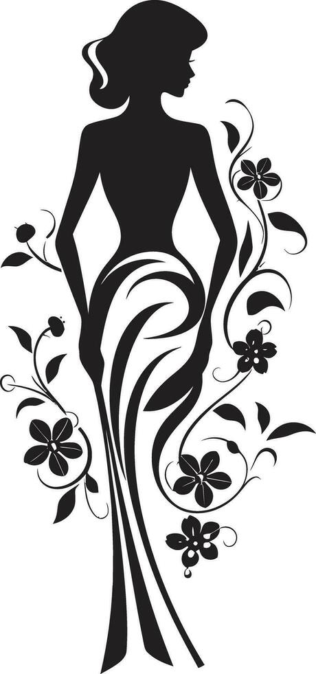 graciös full kropp blom svart emblem design chic blommig harmoni kvinna vektor profil