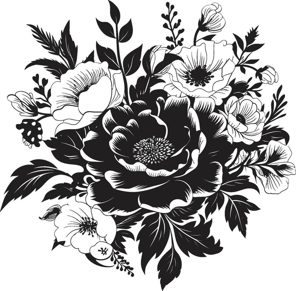 elegant blühen Verschmelzung dekorativ schwarz Logo kompliziert Blumen- Medley schwarz Strauß Emblem vektor