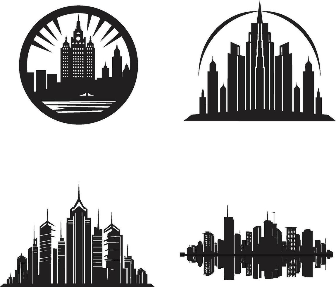 Innenstadt Höhen Emblem mehrstöckig Gebäude im Vektor Logo städtisch Wolkenkratzer skizzieren mehrstöckig Stadtbild Vektor Logo