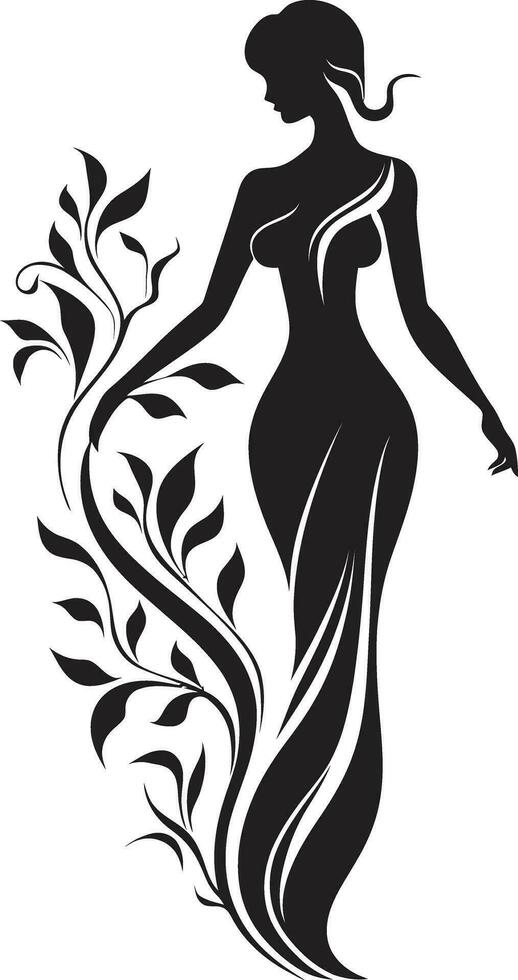 anmutig blühen Verzierungen künstlerisch voll Körper Logo Symbol schick Blütenblatt Harmonie schwarz Vektor Frau im Blumen- Design
