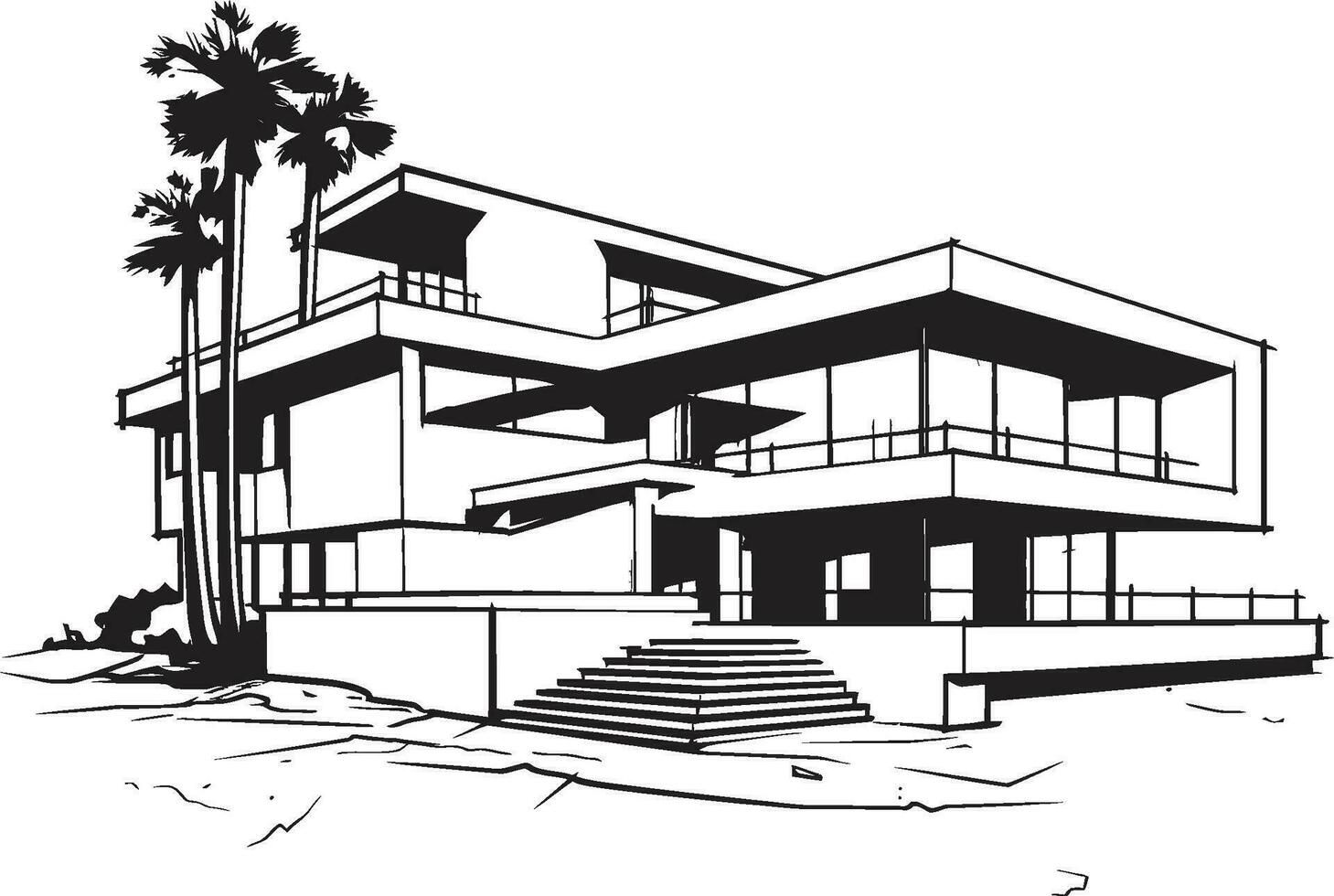 trendig urban villa samtida hus översikt i djärv svart chic stadslinje boning villa vektor översikt i skarp svart rader