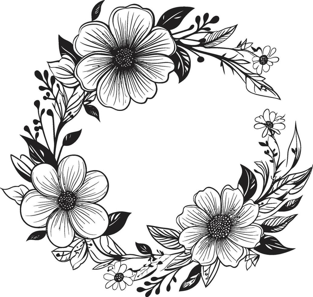 rena kronblad krans svart hand dragen ikoniska logotyp nyckfull blommig arrangemang vektor bröllop emblem