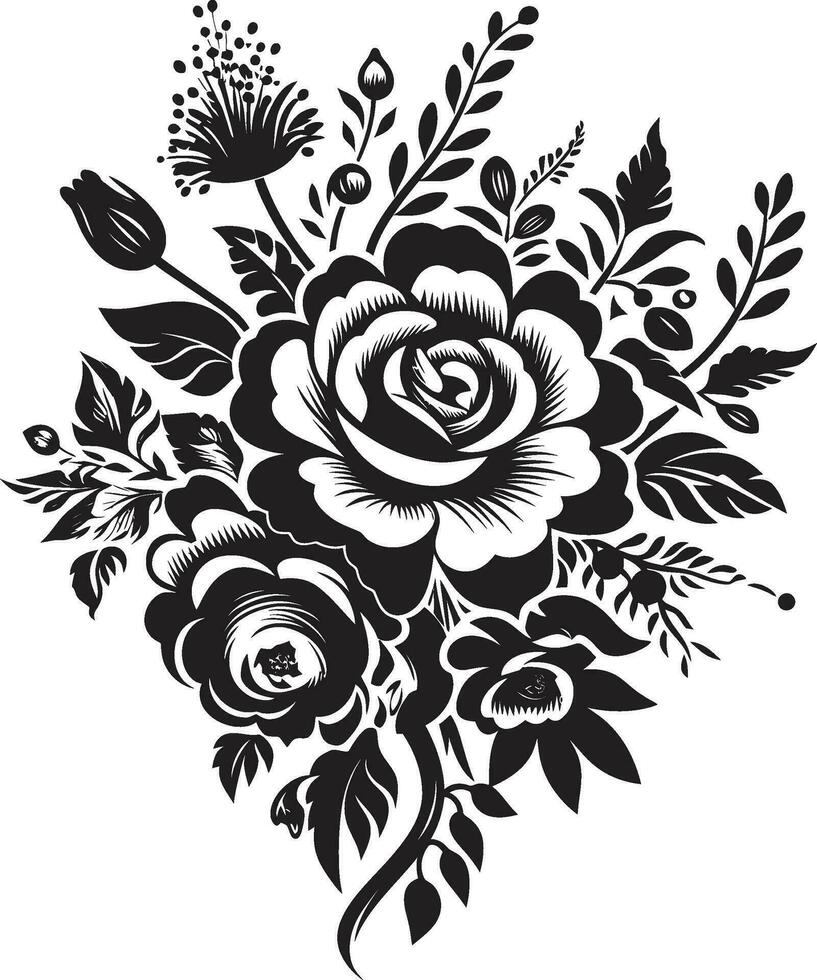 strålnings kronblad medley dekorativ svart emblem botaniska bukett ensemble svart vektor logotyp