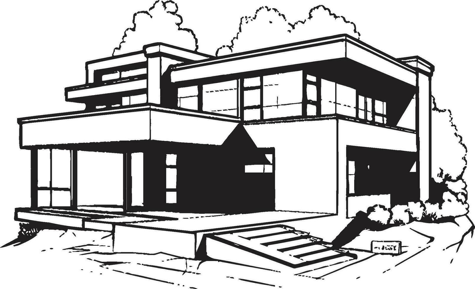 urban villa skiss stad hus i djärv svart översikt stadsbild herrgård silhuett modern villa ikon i svart rader vektor