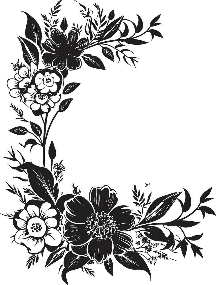 Regal Blumen- umgeben schwarz Rahmen Logo schick Blütenblatt umfassen dekorativ schwarz Symbol vektor