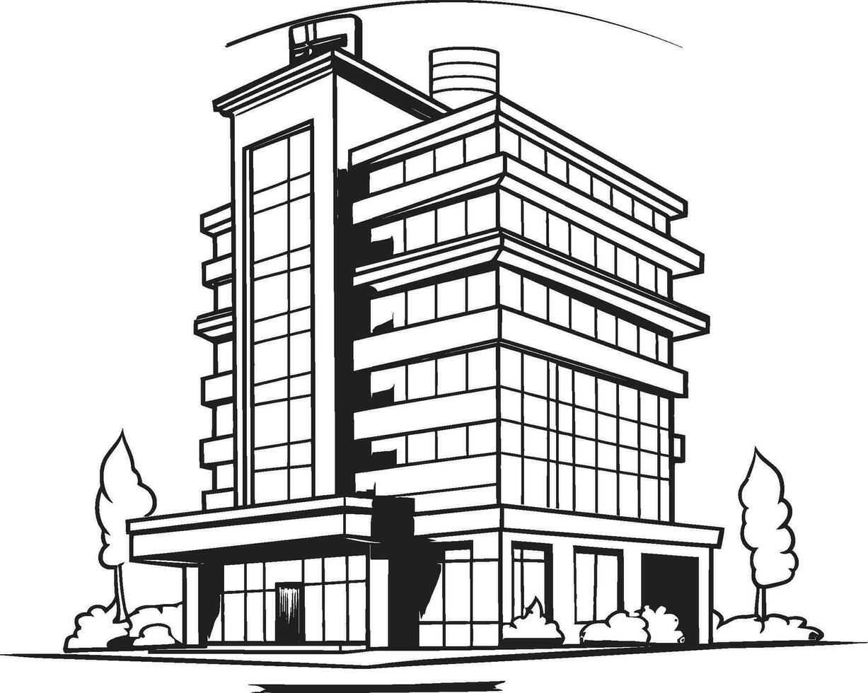 städtisch Wolkenkratzer Eindruck Stadtbild mehrstöckig Vektor Symbol Innenstadt Turm skizzieren mehrstöckig Gebäude im Vektor Logo