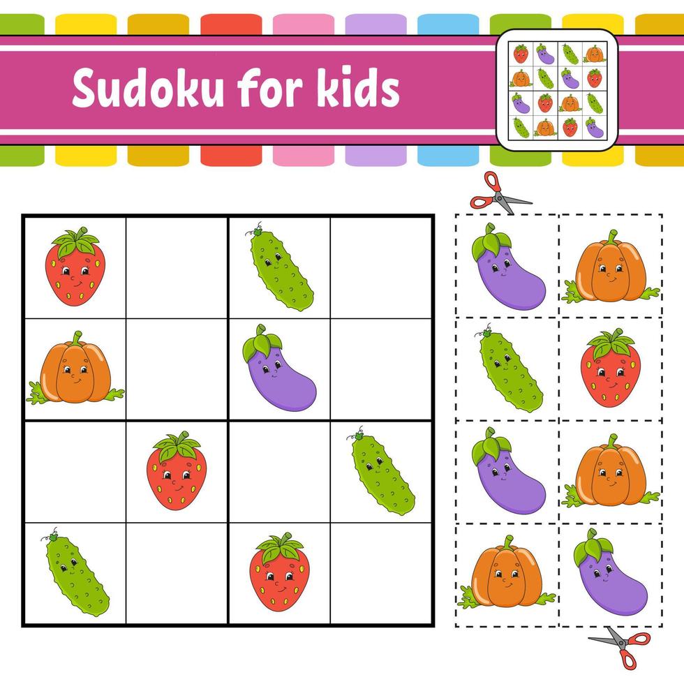 sudoku för barn. utbildning utvecklar kalkylblad. aktivitetssida med bilder. pusselspel för barn. logiskt tänkande utbildning. isolerad vektorillustration. rolig karaktär. tecknad stil. vektor