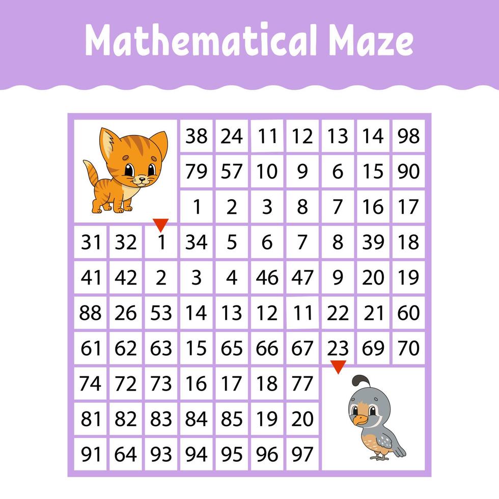 mathematisches farbiges quadratisches Labyrinth. Arbeitsblatt zur Bildungsentwicklung. Spiel für Kinder. Puzzle für Kinder. das Studium der Zahlen. Labyrinth Rätsel. flache Vektorillustration isoliert auf weißem Hintergrund vektor