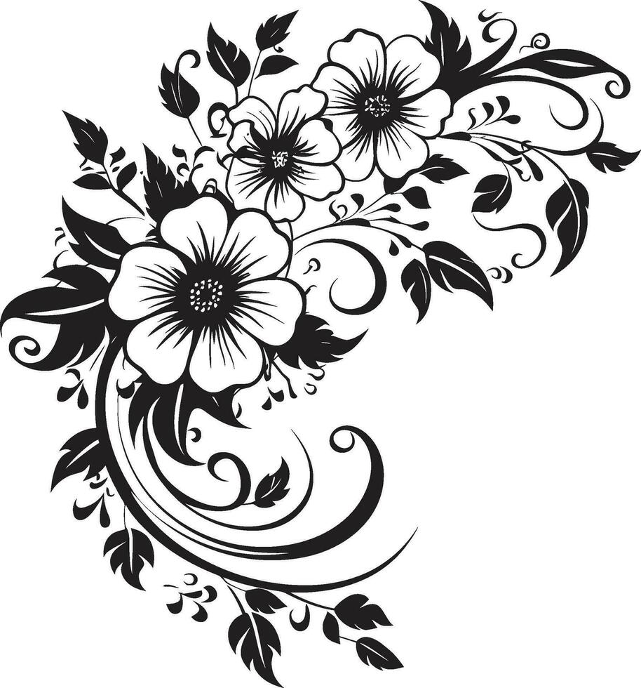 noir botanisk skönhet hand dragen vektor emblem design elegant blommig virvla svart vektor ikoniska logotyp design