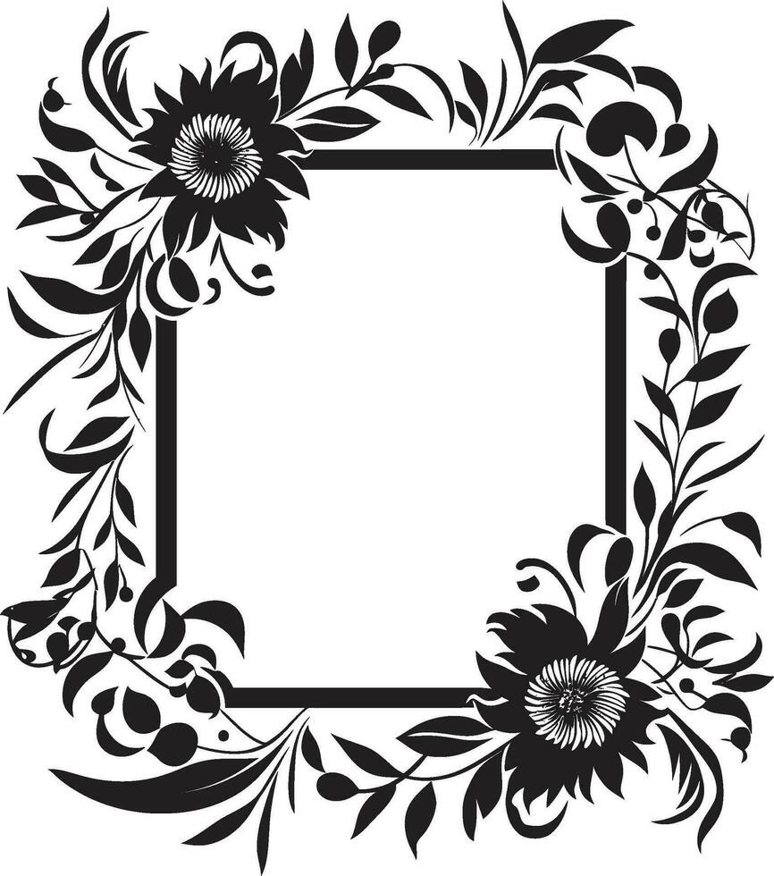 botanisch Blütenblatt Kranz dekorativ schwarz Symbol ätherisch Blume Rahmen schwarz Vektor Rahmen