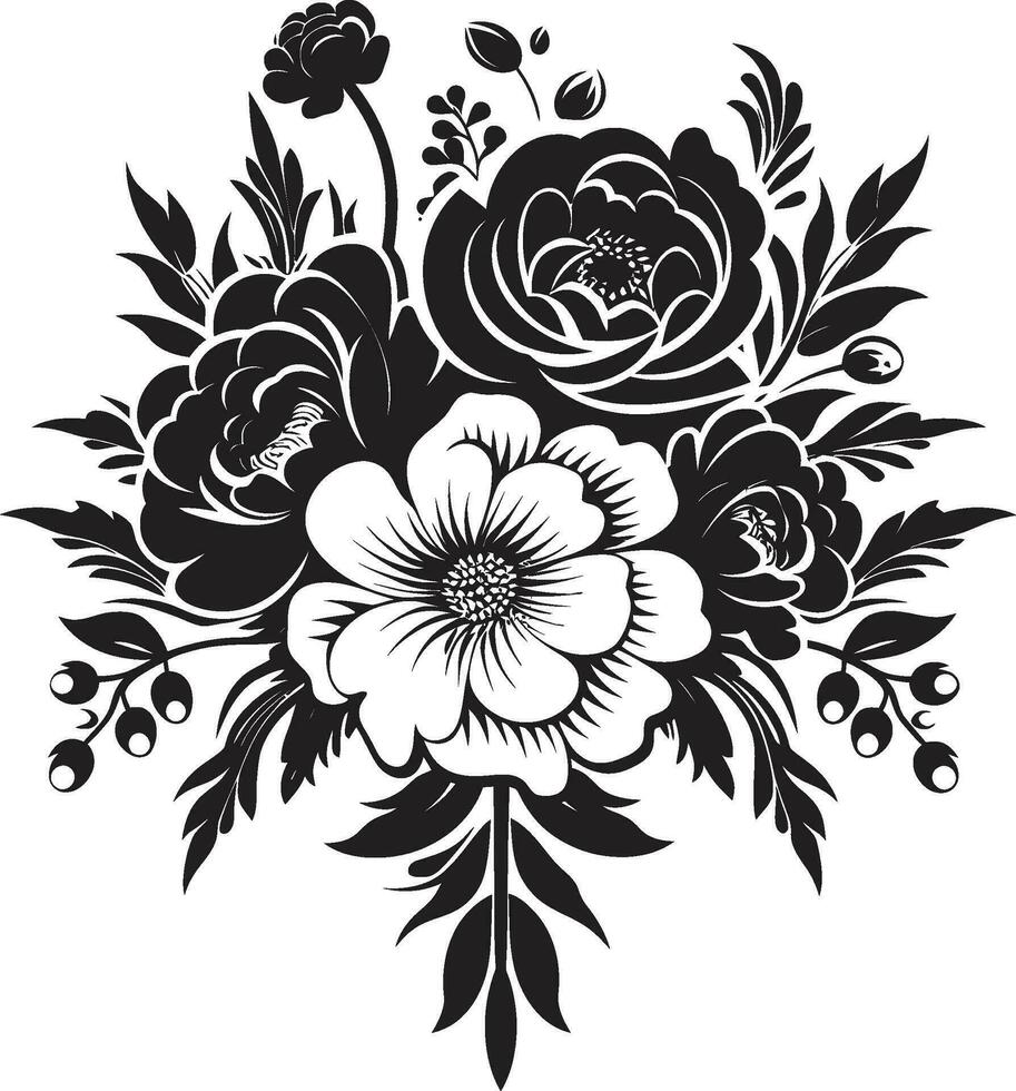 Jahrgang Strauß Verschmelzung dekorativ schwarz Symbol geformt blühen Medley schwarz Blumen- Logo Design vektor