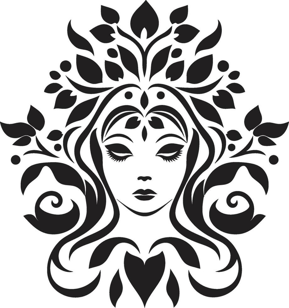 sofistikerad blomma aura handgjord emblem abstrakt flora fusion svart konstnärlig ansikte emblem vektor